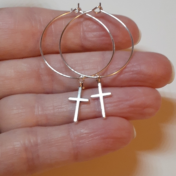 Cross hoop Earrings handmade 1 inch silver plated dangle drop hoops nickel free - Picture 5 of 5